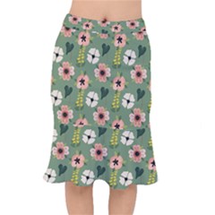 Flower Green Pink Pattern Floral Short Mermaid Skirt