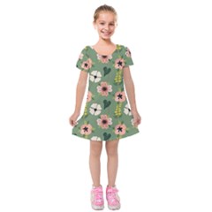 Flower Green Pink Pattern Floral Kids  Short Sleeve Velvet Dress