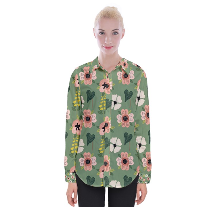 Flower Green Pink Pattern Floral Womens Long Sleeve Shirt