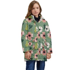 Flower Green Pink Pattern Floral Kids  Hooded Longline Puffer Jacket by anzea