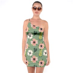 Flower Green Pink Pattern Floral One Shoulder Ring Trim Bodycon Dress