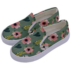 Flower Green Pink Pattern Floral Kids  Canvas Slip Ons by anzea