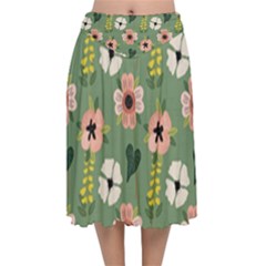 Flower Green Pink Pattern Floral Velvet Flared Midi Skirt