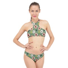 Flower Green Pink Pattern Floral High Neck Bikini Set