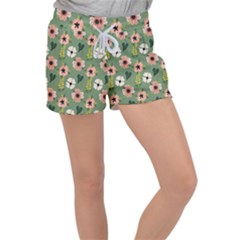 Flower Green Pink Pattern Floral Women s Velour Lounge Shorts by anzea