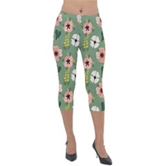 Flower Green Pink Pattern Floral Lightweight Velour Capri Leggings 