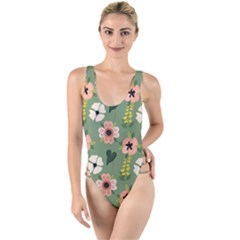 Flower Green Pink Pattern Floral High Leg Strappy Swimsuit