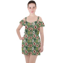 Flower Green Pink Pattern Floral Ruffle Cut Out Chiffon Playsuit