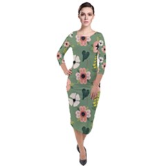 Flower Green Pink Pattern Floral Quarter Sleeve Midi Velour Bodycon Dress