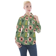 Flower Green Pink Pattern Floral Women s Long Sleeve Pocket Shirt