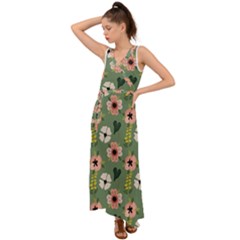 Flower Green Pink Pattern Floral V-neck Chiffon Maxi Dress