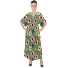 Flower Green Pink Pattern Floral V-neck Boho Style Maxi Dress