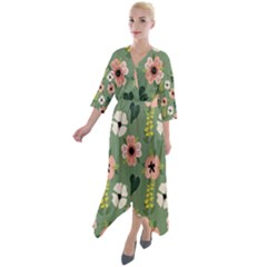 Flower Green Pink Pattern Floral Quarter Sleeve Wrap Front Maxi Dress