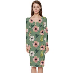 Flower Green Pink Pattern Floral Long Sleeve V-neck Bodycon Dress 