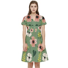 Flower Green Pink Pattern Floral Short Sleeve Waist Detail Dress