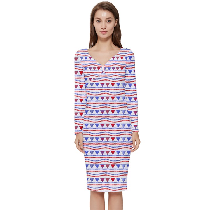 Nautical Digital Paper Nautical Boat Long Sleeve V-Neck Bodycon Dress 