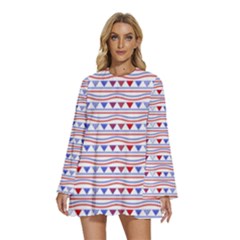 Nautical Digital Paper Nautical Boat Round Neck Long Sleeve Bohemian Style Chiffon Mini Dress