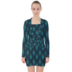 Peacock Texture 3d Pattern Peacock Texture V-neck Bodycon Long Sleeve Dress by Loisa77