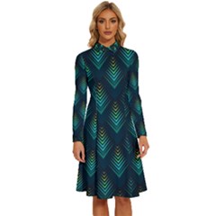 Peacock Texture 3d Pattern Peacock Texture Long Sleeve Shirt Collar A-line Dress by Loisa77