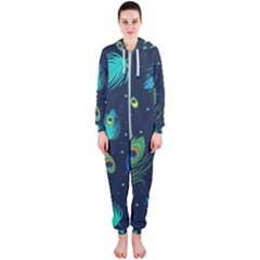 Texture Pattern Green Feather Yellow Peacock Hooded Jumpsuit (ladies)