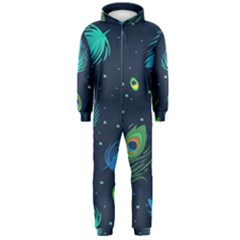 Texture Pattern Green Feather Yellow Peacock Hooded Jumpsuit (men)