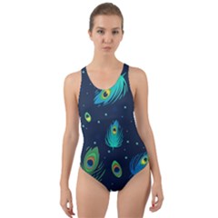 Texture Pattern Green Feather Yellow Peacock Cut-out Back One Piece Swimsuit by Loisa77