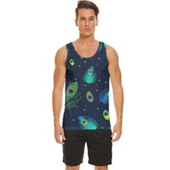 Texture Pattern Green Feather Yellow Peacock Men s Wide Collar Tank Top by Loisa77