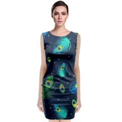 Texture Pattern Green Feather Yellow Peacock Sleeveless Velvet Midi Dress