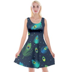 Texture Pattern Green Feather Yellow Peacock Reversible Velvet Sleeveless Dress