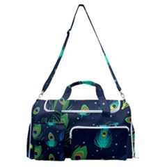 Texture Pattern Green Feather Yellow Peacock Sports Gym Duffle Bag With Shoe Compartment by Loisa77