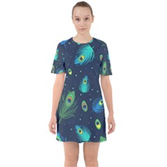 Texture Pattern Green Feather Yellow Peacock Sixties Short Sleeve Mini Dress by Loisa77