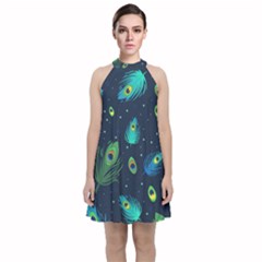 Texture Pattern Green Feather Yellow Peacock Velvet Halter Neckline Dress 