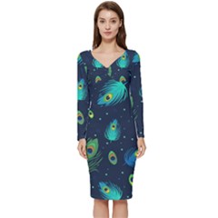 Texture Pattern Green Feather Yellow Peacock Long Sleeve V-neck Bodycon Dress  by Loisa77