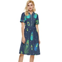 Texture Pattern Green Feather Yellow Peacock Button Top Knee Length Dress