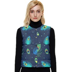 Texture Pattern Green Feather Yellow Peacock Women s Button Up Puffer Vest by Loisa77