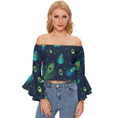 Texture Pattern Green Feather Yellow Peacock Off Shoulder Flutter Bell Sleeve Top