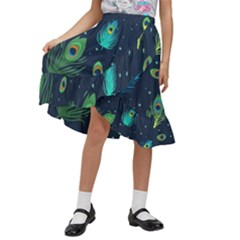 Texture Pattern Green Feather Yellow Peacock Kids  Ruffle Flared Wrap Midi Skirt by Loisa77