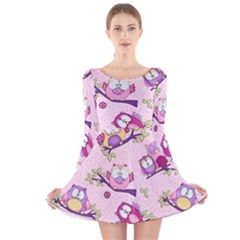 Owls Bird Animal Pattern Long Sleeve Velvet Skater Dress