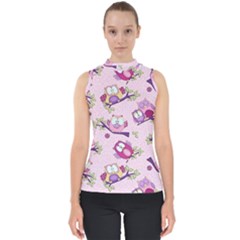 Owls Bird Animal Pattern Mock Neck Shell Top by Loisa77