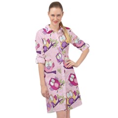 Owls Bird Animal Pattern Long Sleeve Mini Shirt Dress by Loisa77