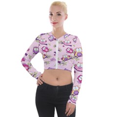 Owls Bird Animal Pattern Long Sleeve Cropped Velvet Jacket by Loisa77