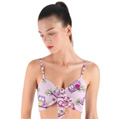 Owls Bird Animal Pattern Woven Tie Front Bralet by Loisa77