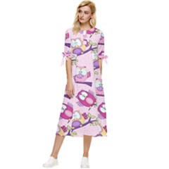 Owls Bird Animal Pattern Bow Sleeve Chiffon Midi Dress by Loisa77