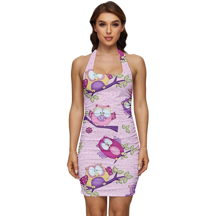 Owls Bird Animal Pattern Sleeveless Wide Square Neckline Ruched Bodycon Dress