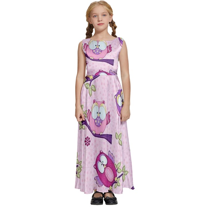 Owls Bird Animal Pattern Kids  Satin Sleeveless Maxi Dress