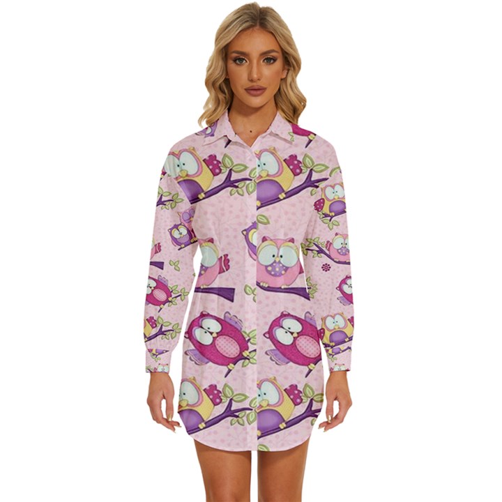 Owls Bird Animal Pattern Womens Long Sleeve Shirt Dress