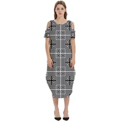 Squares Inside Background Checkered Contemporary Effect Electronic Futuristic Graphic Illusion Modern Cold Shoulder Loose Fit Dress With Pockets