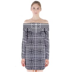 Squares Inside Background Checkered Contemporary Effect Electronic Futuristic Graphic Illusion Modern Long Sleeve Off Shoulder Dress by Loisa77