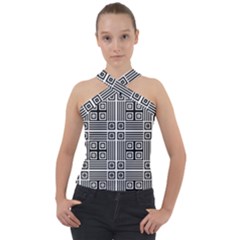 Squares Inside Background Checkered Contemporary Effect Electronic Futuristic Graphic Illusion Modern Cross Neck Velour Top by Loisa77