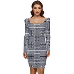 Squares Inside Background Checkered Contemporary Effect Electronic Futuristic Graphic Illusion Modern Women Long Sleeve Ruched Stretch Jersey Dress